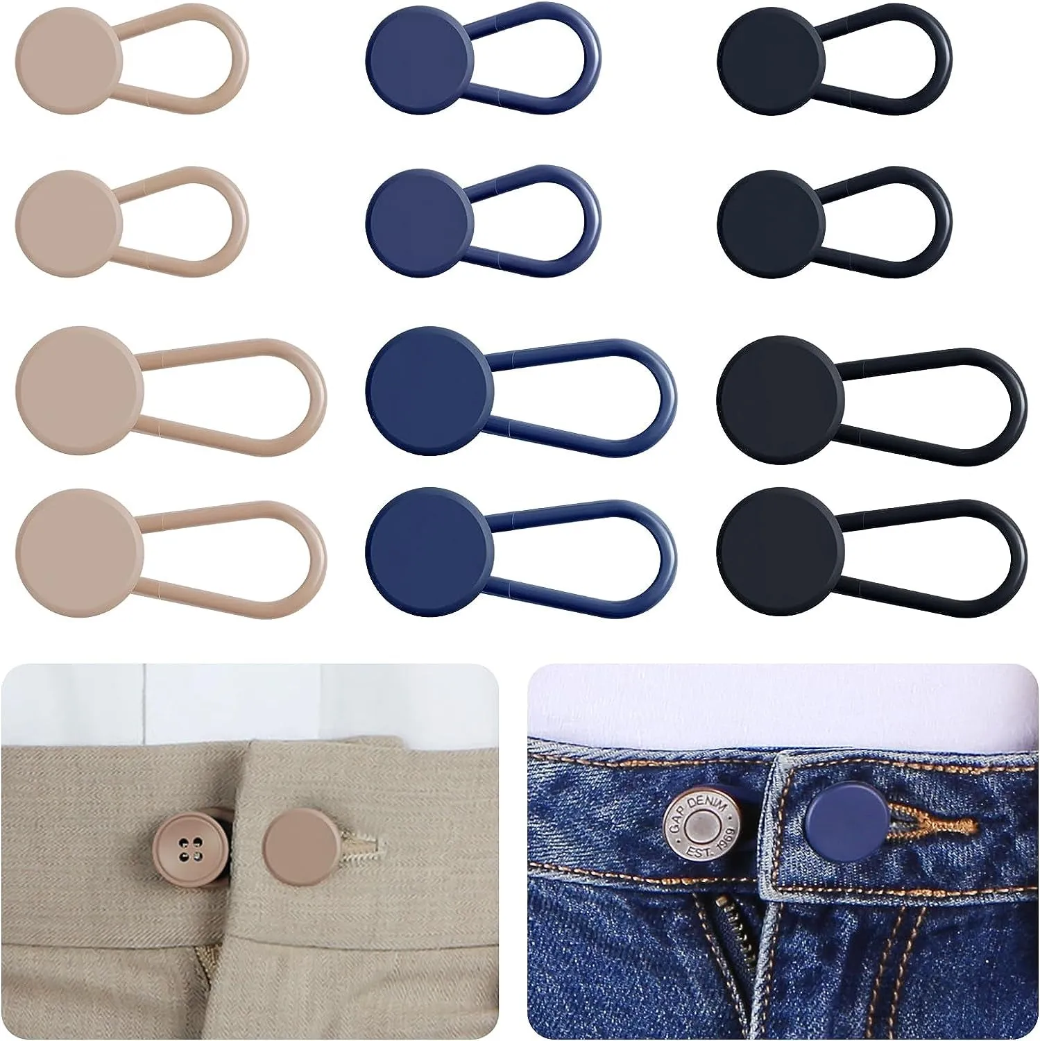 12PCS Button Extenders for Jeans, Pants Waist Button Extender for Women Men, 3 Colors Pant Waistband Expander, Pants Waist Extension 1-1.4 Inches