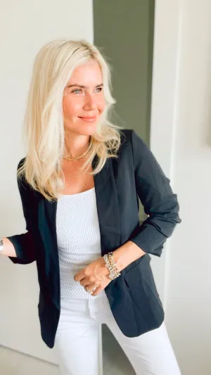3/4 Ruched Sleeve Italian Blazer -Black