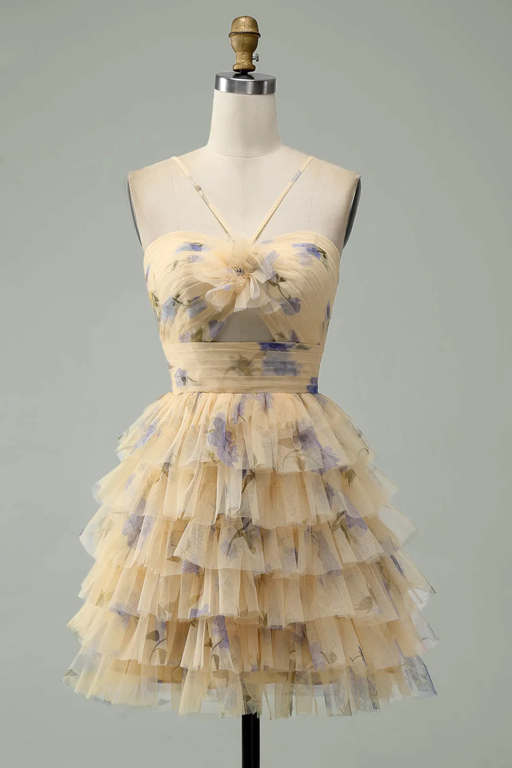 A Line Halter Tiered Print Short Yellow Flower Homecoming Dress