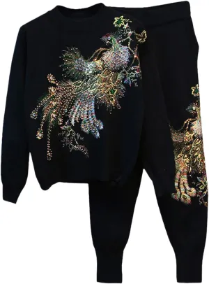 Autumn Velvet Thick Two Piece Sets Women Black Work Beaded Sequin Tracksuit Women Pullover   Harem Pants Outfits
