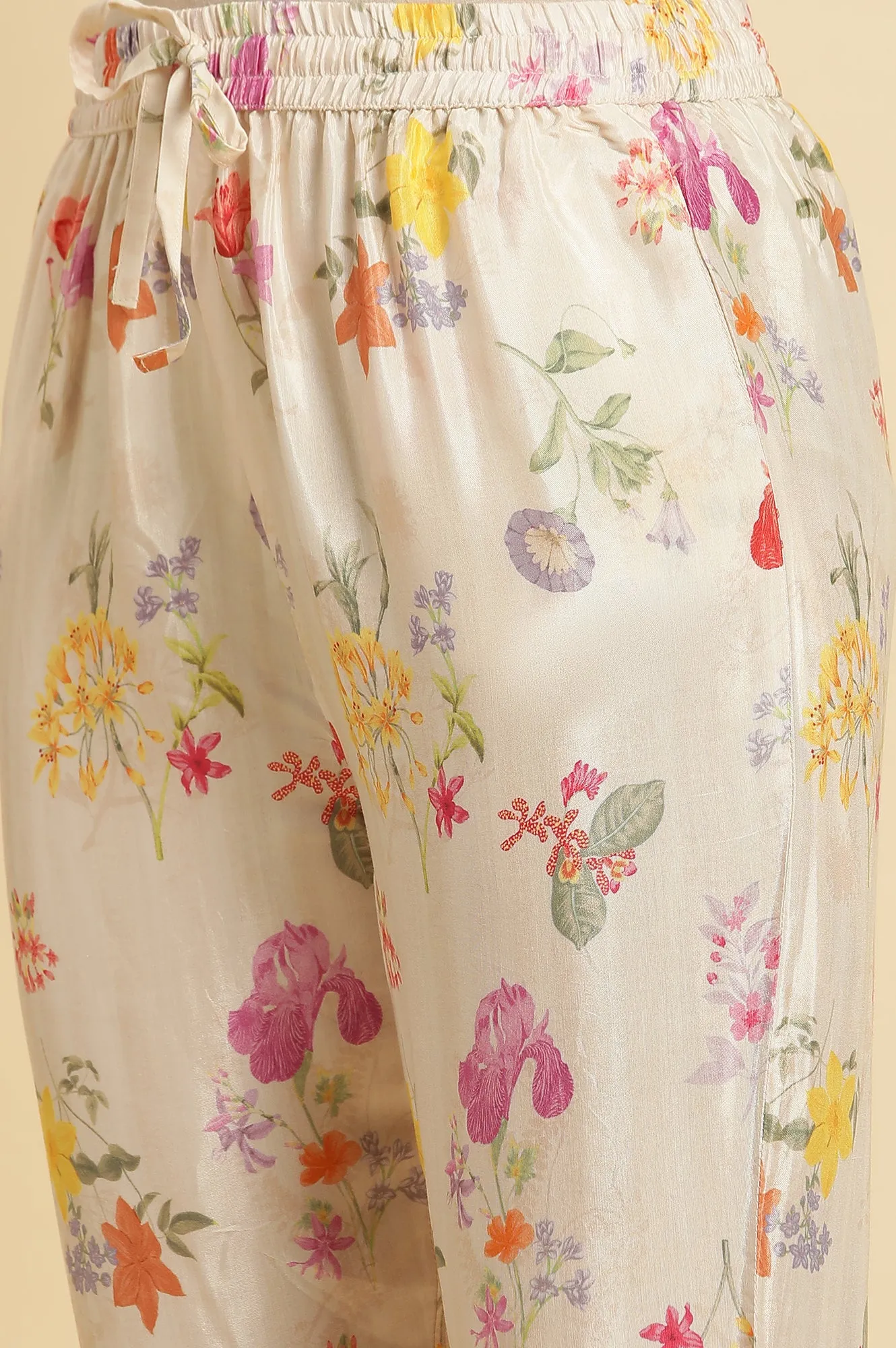 Beige Floral Printed Pants