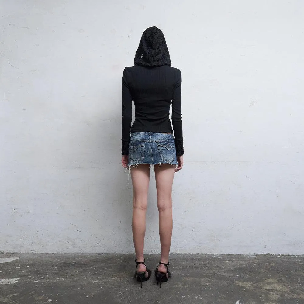 Black Lace Embroidered Hood Zip-Up