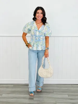 Blue Scalloped Trim Bow Tie Detail Blouse (Reg.)
