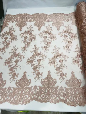 Blush Bridal Lace - By The Yard - Floral Damask Design Embroidered on Mesh Lace Fabric