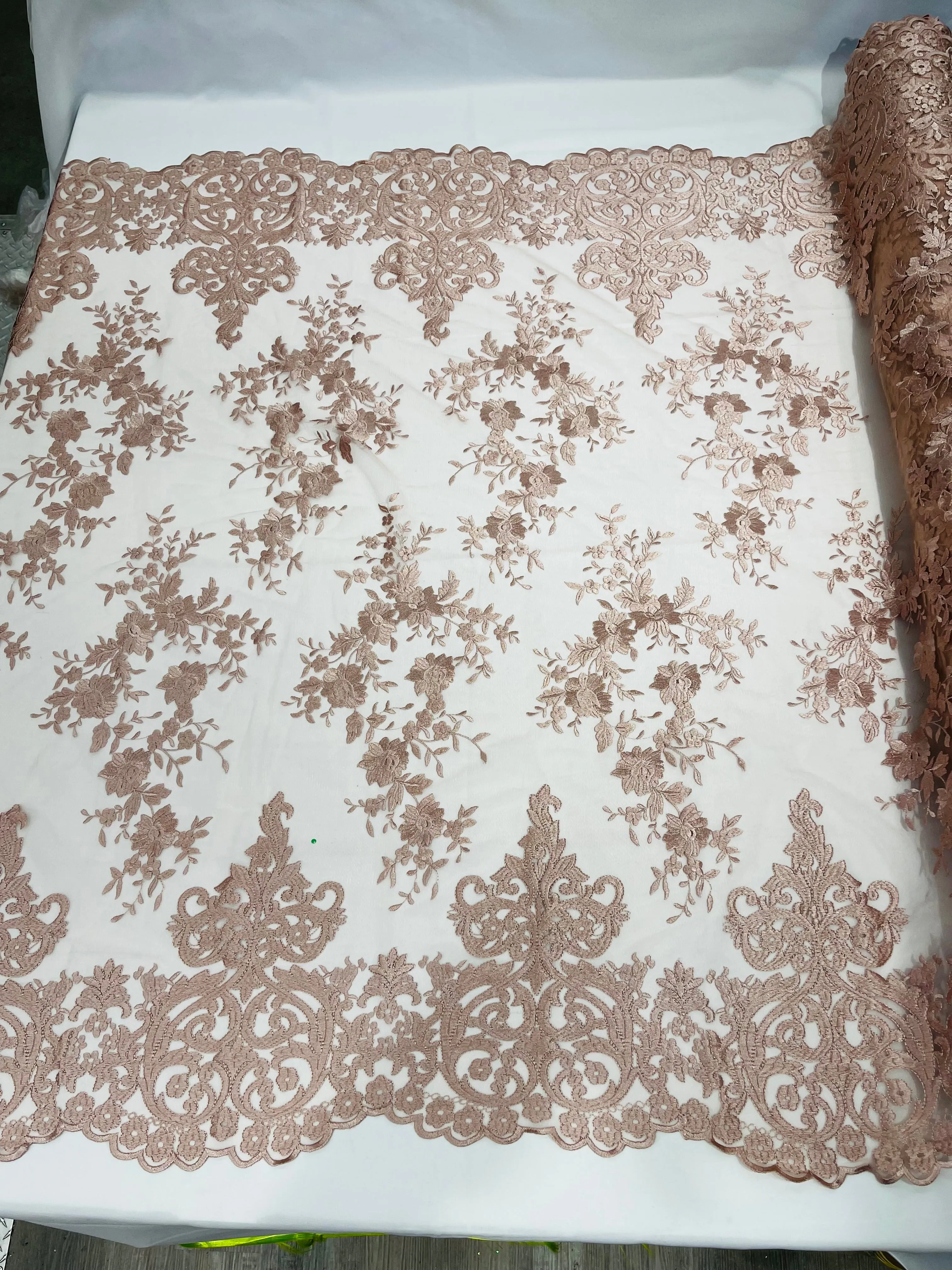 Blush Bridal Lace - By The Yard - Floral Damask Design Embroidered on Mesh Lace Fabric