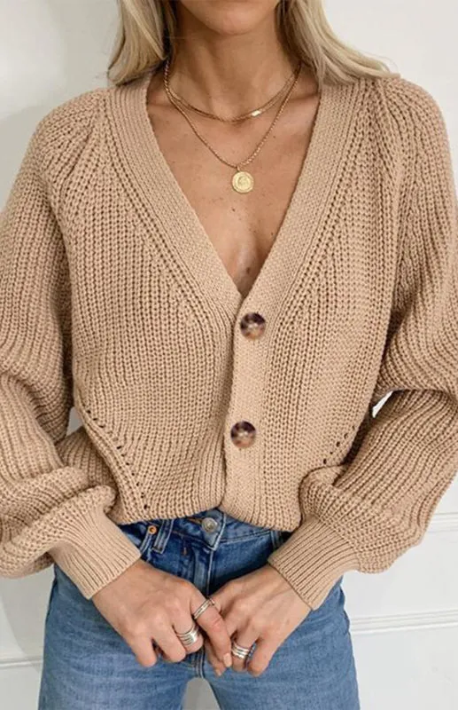 Bohemian Women's Solid V-Neck Lantern Sleeve Knit Cardigan
