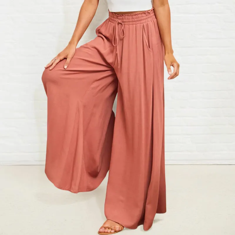 Buddha Stones Casual High Elastic Waist Plain Loose Women's Polyester Wide Leg Pants With Pockets