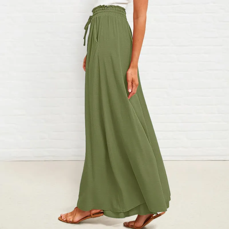 Buddha Stones Casual High Elastic Waist Plain Loose Women's Polyester Wide Leg Pants With Pockets