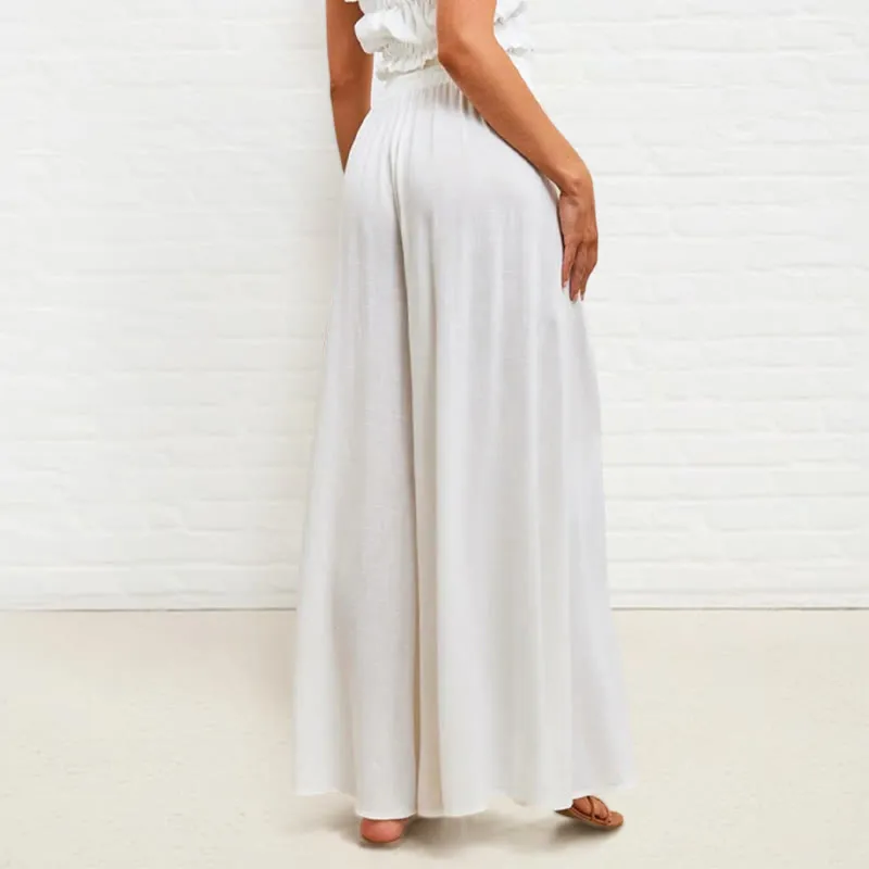 Buddha Stones Casual High Elastic Waist Plain Loose Women's Polyester Wide Leg Pants With Pockets