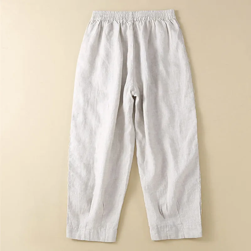 Buddha Stones Plain Color Flower Embroidery Side Linen Women's Pants With Pockets