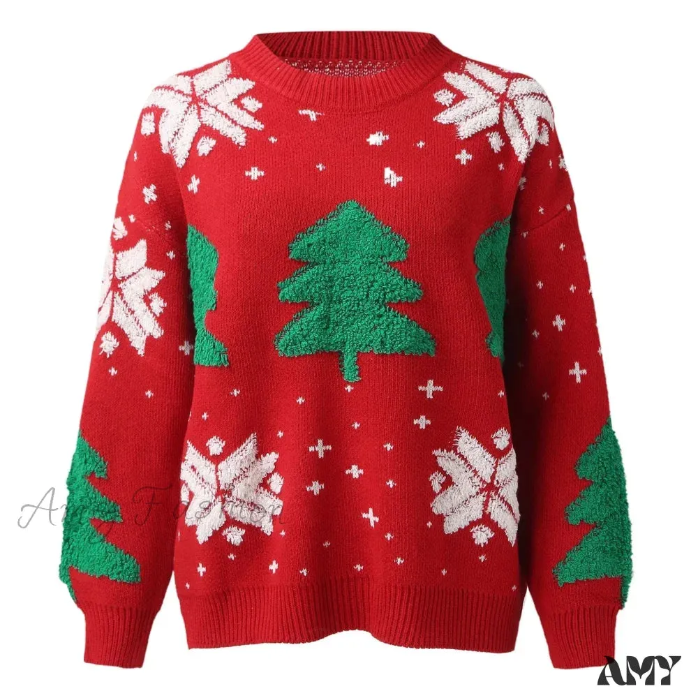 Christmas Tree Print Round Neck Long Sleeve Knitwear Casual Sweater