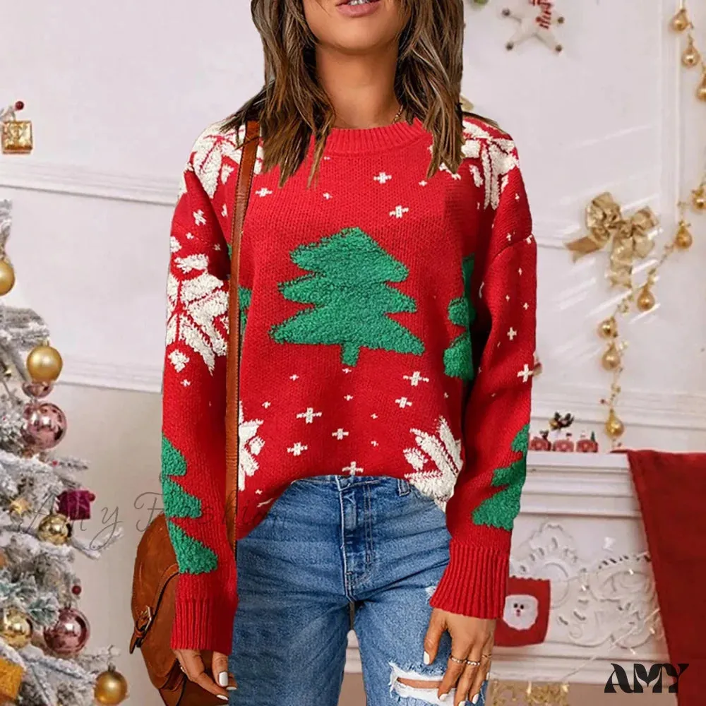 Christmas Tree Print Round Neck Long Sleeve Knitwear Casual Sweater