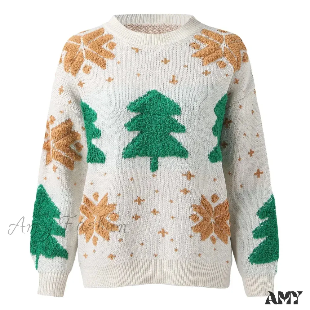 Christmas Tree Print Round Neck Long Sleeve Knitwear Casual Sweater