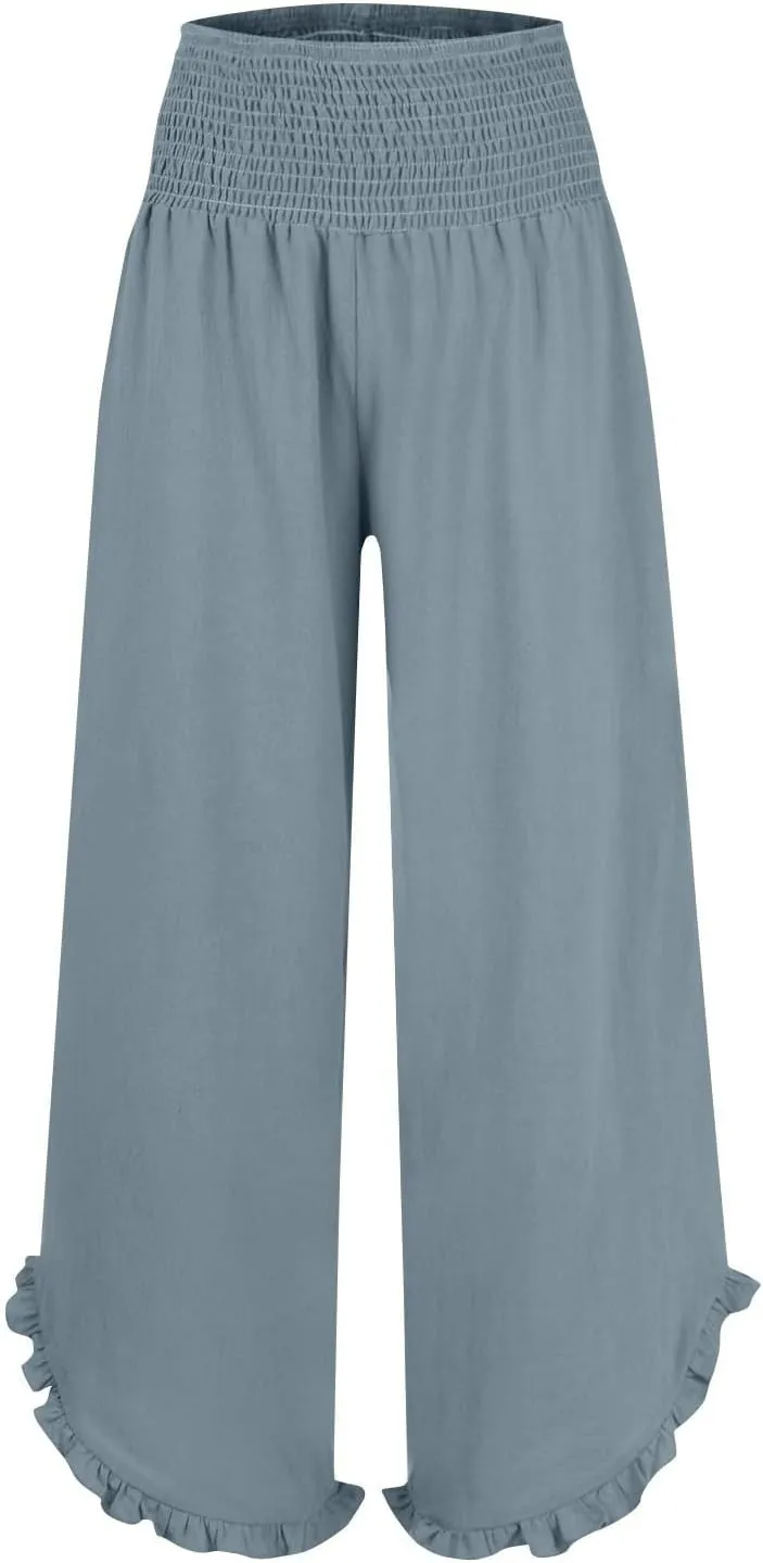 Cotton Linen Pants Women Relaxed Fit Casual Flowy Wide Leg Beach Pants Lightweight Travel Vacation Trousers with Pockets