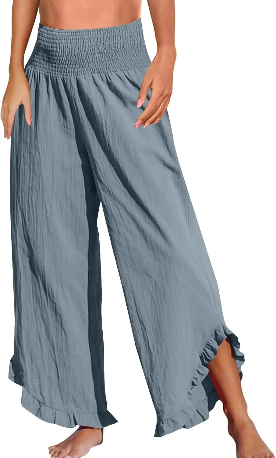 Cotton Linen Pants Women Relaxed Fit Casual Flowy Wide Leg Beach Pants Lightweight Travel Vacation Trousers with Pockets