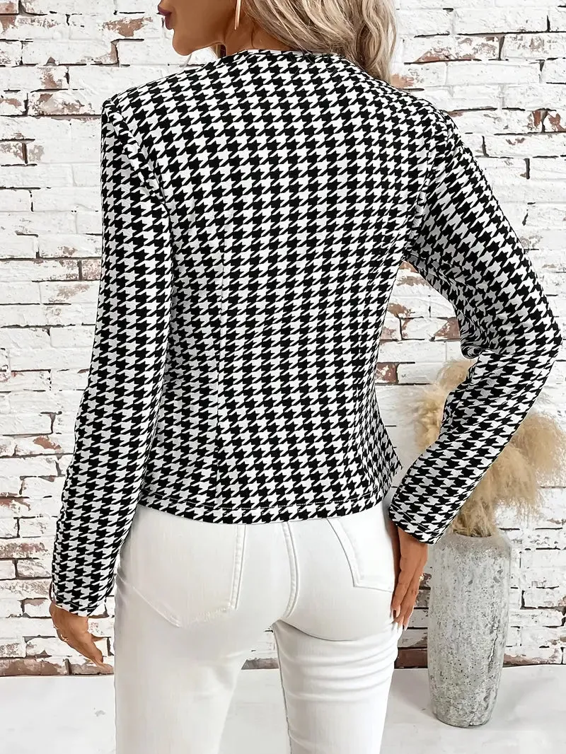 Damesblazer in houndstooth motief - Elegant colourblock, lange mouwen, dubbele knoop