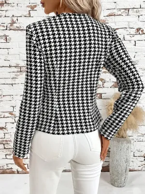 Damesblazer in houndstooth motief - Elegant colourblock, lange mouwen, dubbele knoop