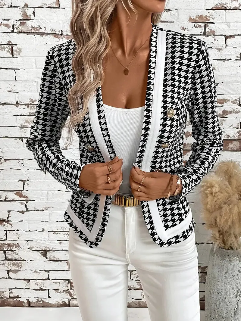 Damesblazer in houndstooth motief - Elegant colourblock, lange mouwen, dubbele knoop