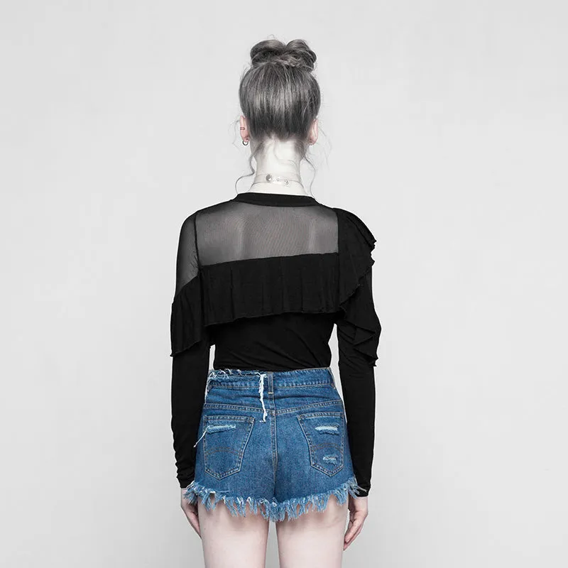 Dark Splicing Mesh Fabrice Thin Long Sleeve T-shirt