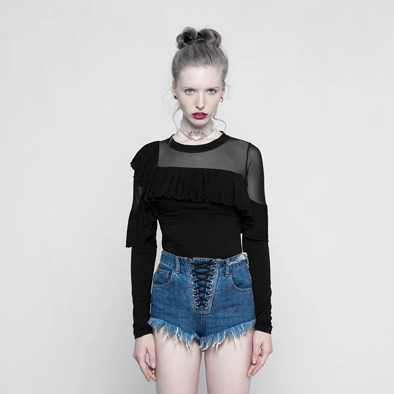 Dark Splicing Mesh Fabrice Thin Long Sleeve T-shirt
