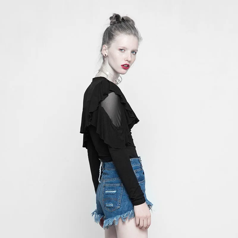 Dark Splicing Mesh Fabrice Thin Long Sleeve T-shirt
