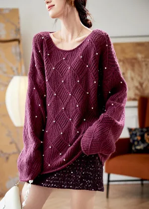 Elegant Purple O Neck Zircon Knit Sweaters Fall QS004