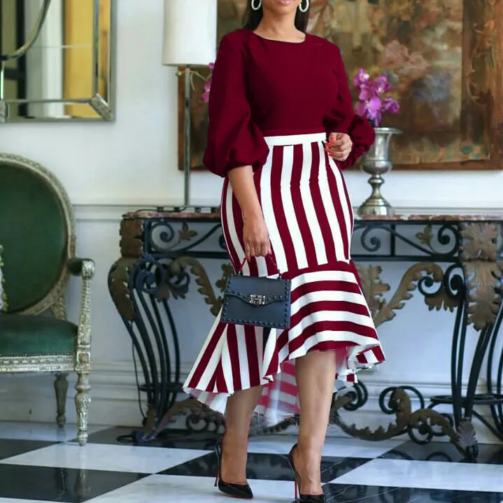 Elegantly Merged Fish-Tail Irregular Striped Dress
