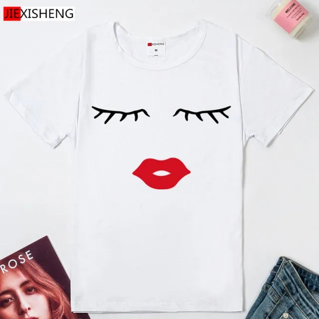 Eye Lashes & Red Lips Print t shirt