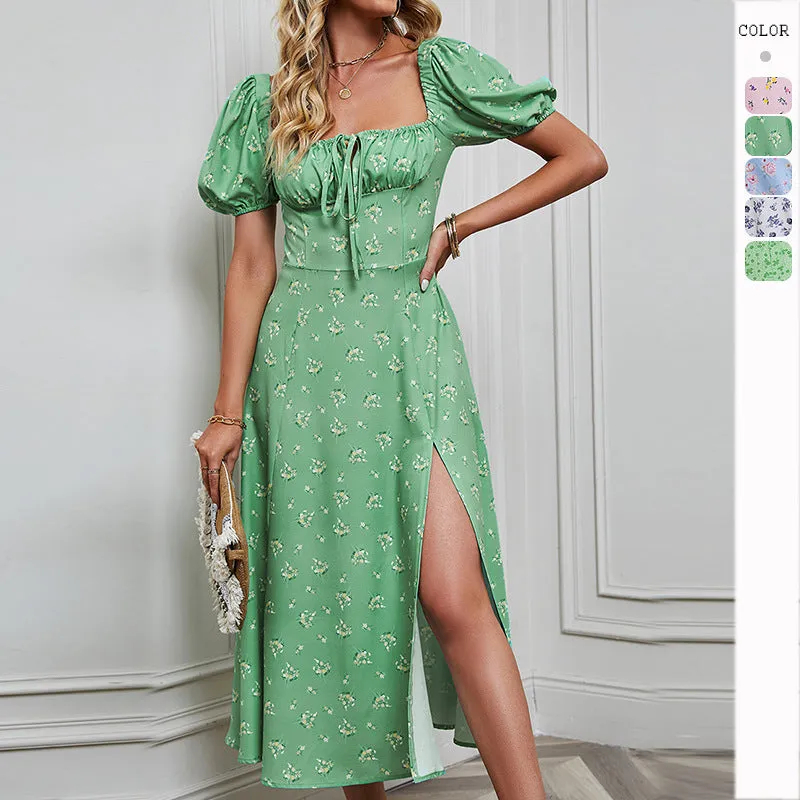 Fashionable Women's Bubble Sleeve Tie Strap Bandeau Slit Floral Maxi Dress
