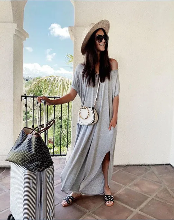Fashionable Women's Short Sleeve Ribbed Loose Casual Split Dress