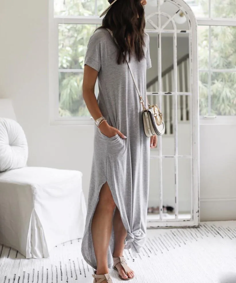 Fashionable Women's Short Sleeve Ribbed Loose Casual Split Dress