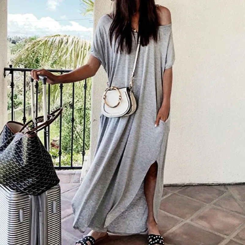 Fashionable Women's Short Sleeve Ribbed Loose Casual Split Dress