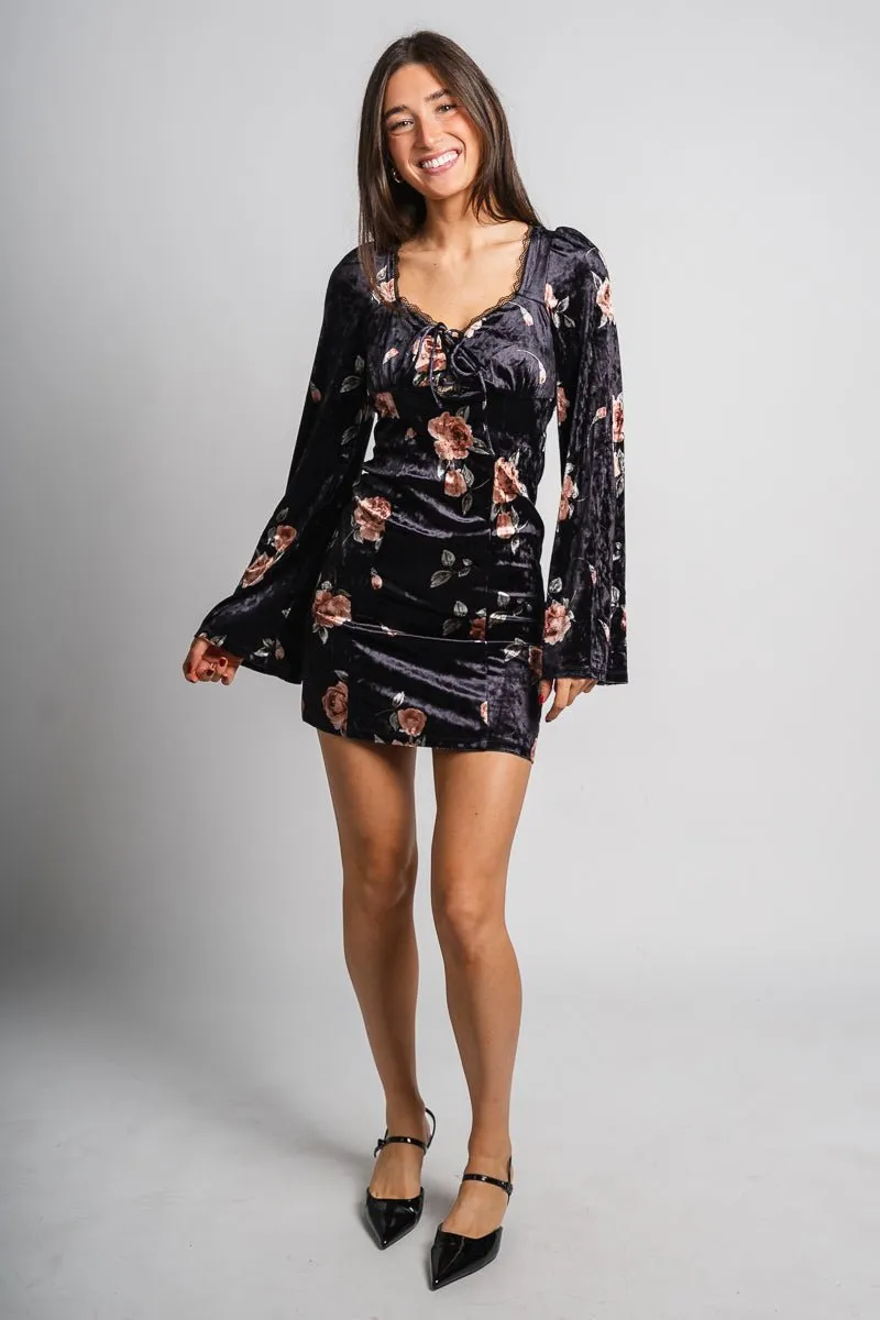 Floral velvet mini dress black