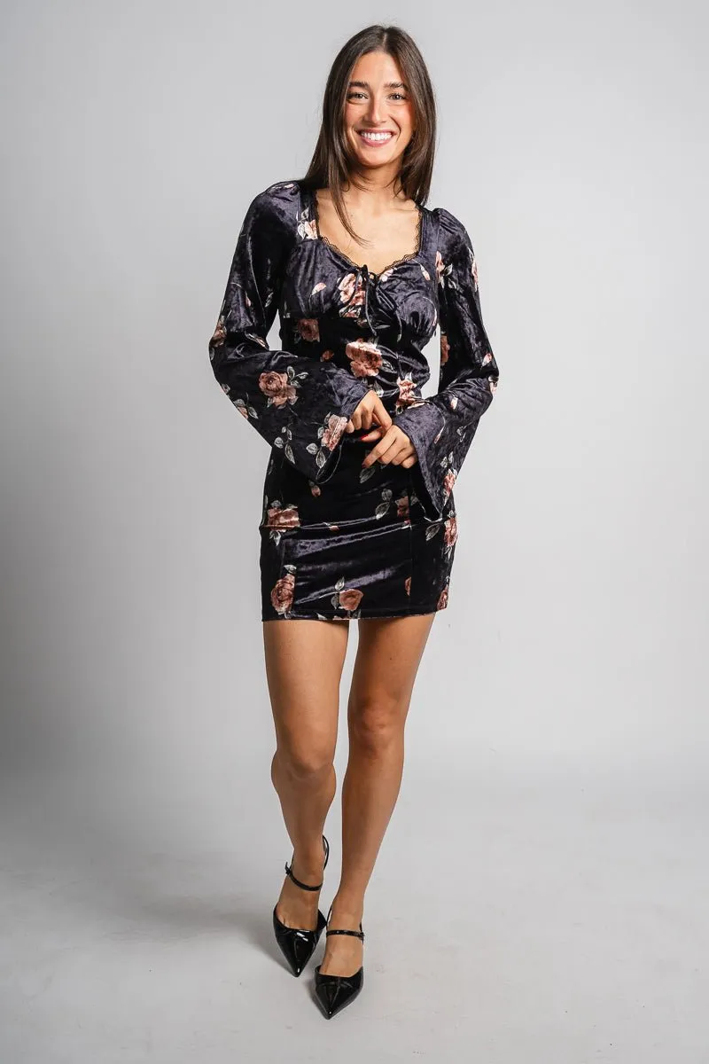 Floral velvet mini dress black