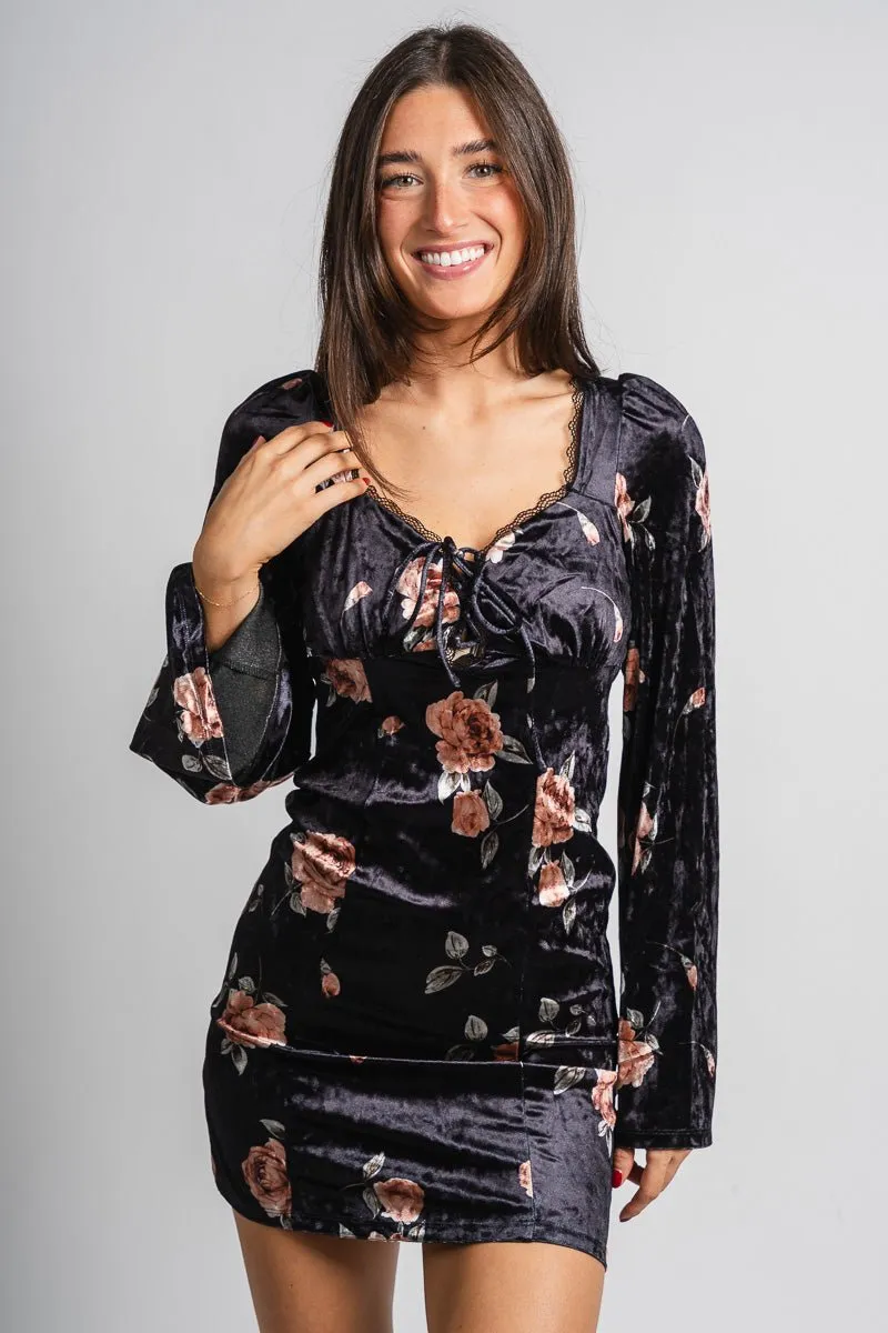 Floral velvet mini dress black