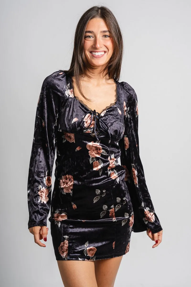 Floral velvet mini dress black