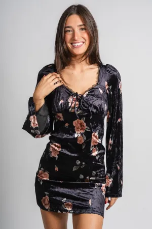 Floral velvet mini dress black