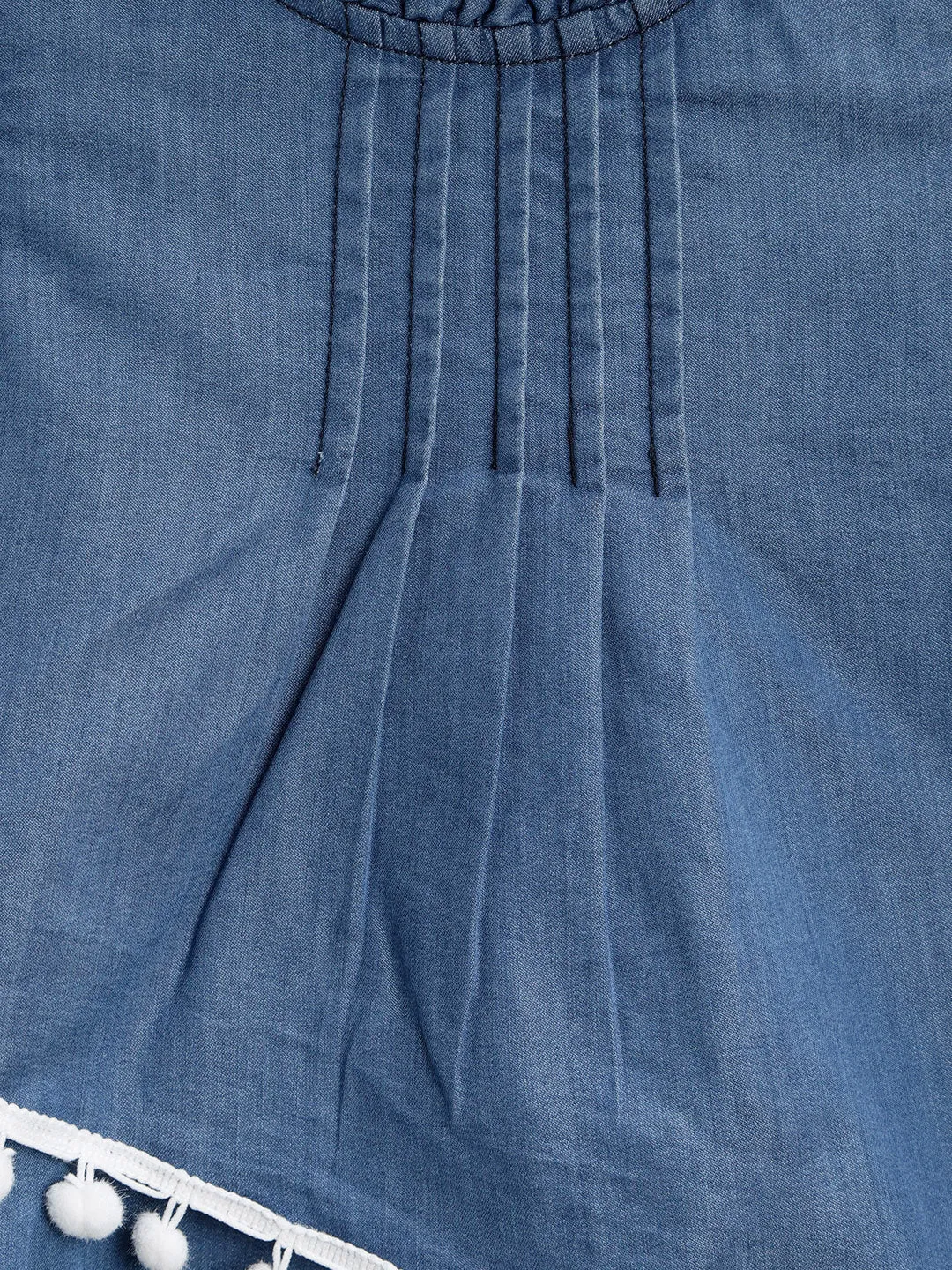 Girls Blue Denim Dress With White Pom Pom Lace