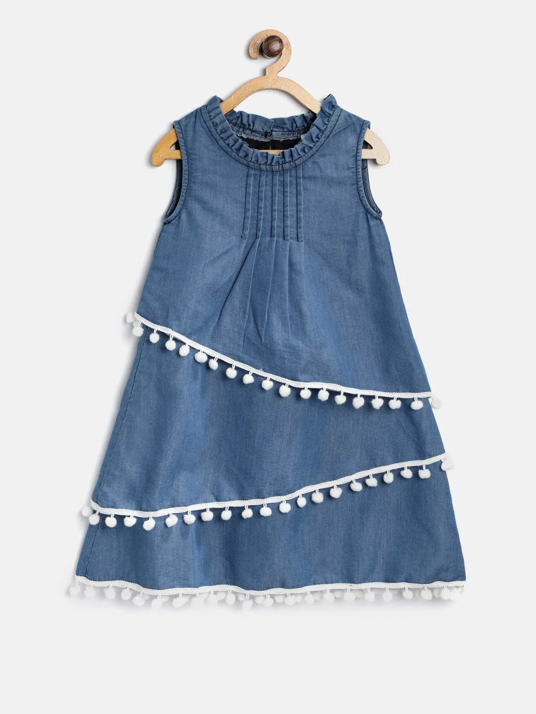 Girls Blue Denim Dress With White Pom Pom Lace