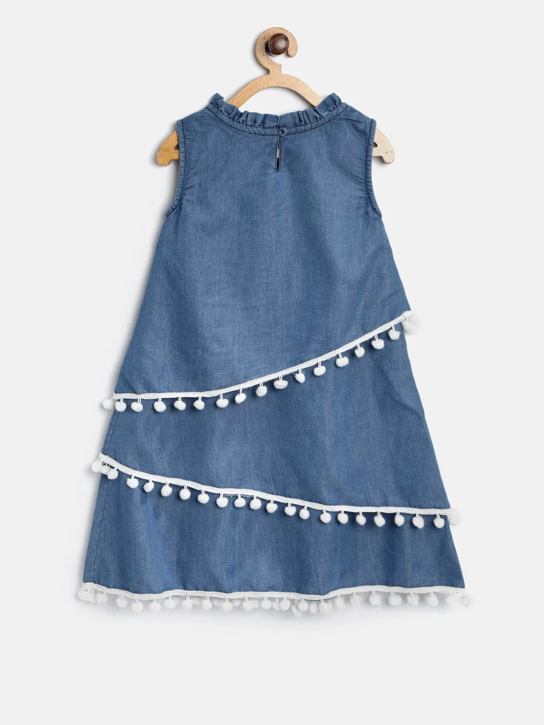 Girls Blue Denim Dress With White Pom Pom Lace