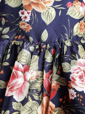 Girls Blue Polyester Floral High-Low Party Dress
