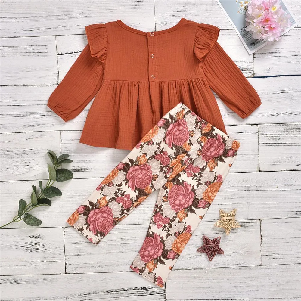 Girls Casual Long Sleeve Solid T Shirt & Floral Printed Pants