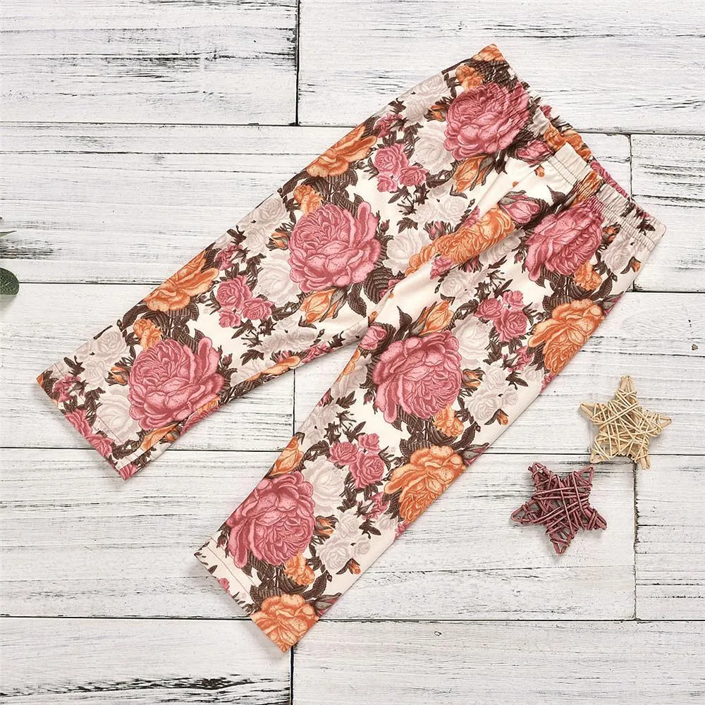 Girls Casual Long Sleeve Solid T Shirt & Floral Printed Pants