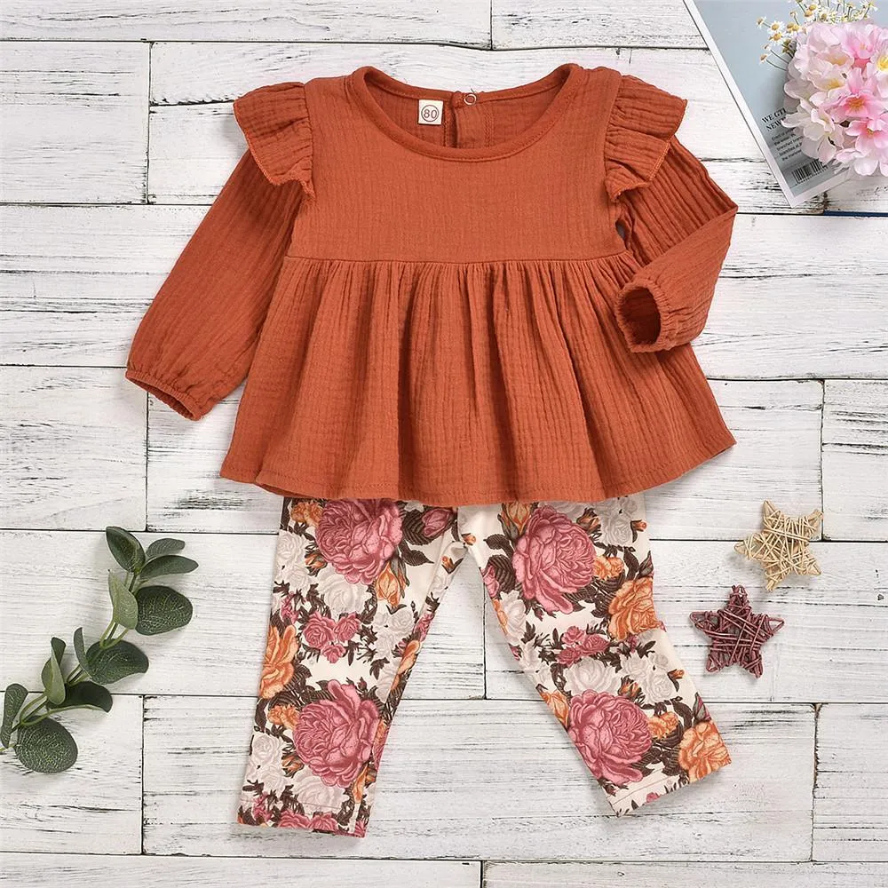 Girls Casual Long Sleeve Solid T Shirt & Floral Printed Pants