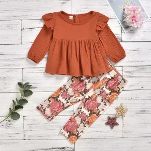 Girls Casual Long Sleeve Solid T Shirt & Floral Printed Pants
