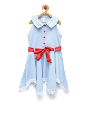 Girls Denim & Lace Blue Hemline Dress With Red Belt