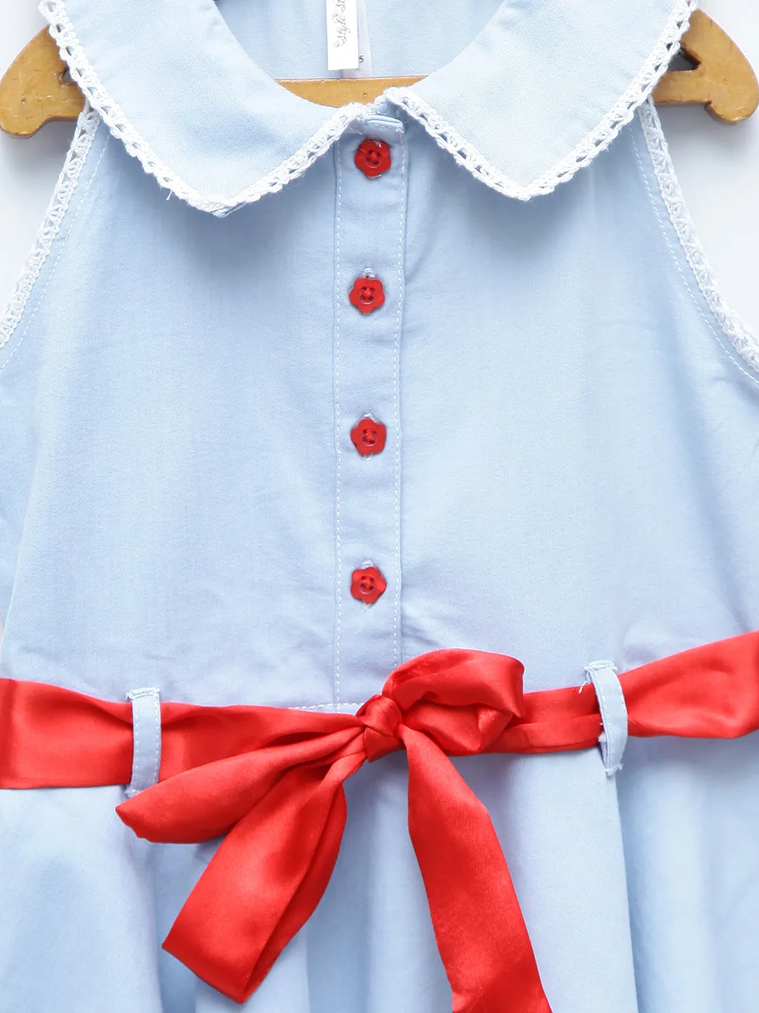 Girls Denim & Lace Blue Hemline Dress With Red Belt