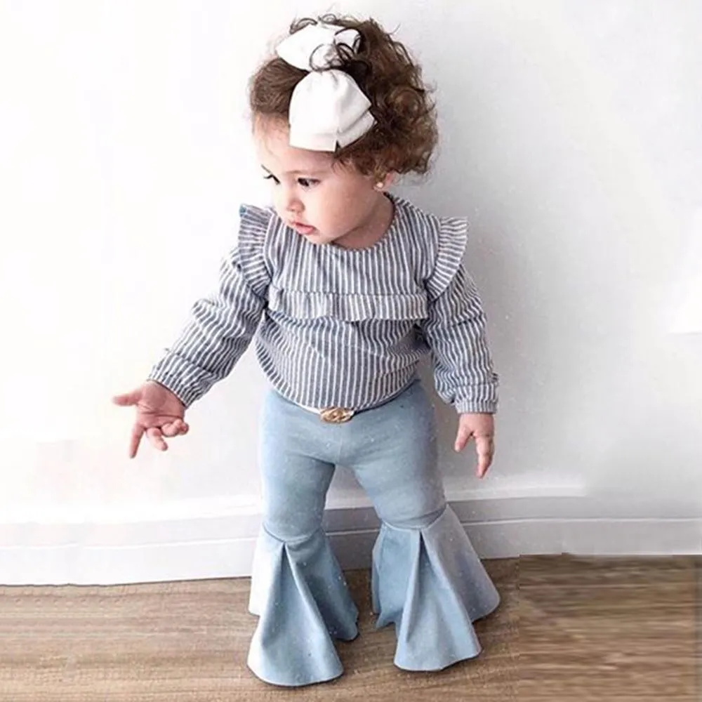 Girls Striped Ruffle Long Sleeve Blouse Bell Pants Girls Wholesale Clothes