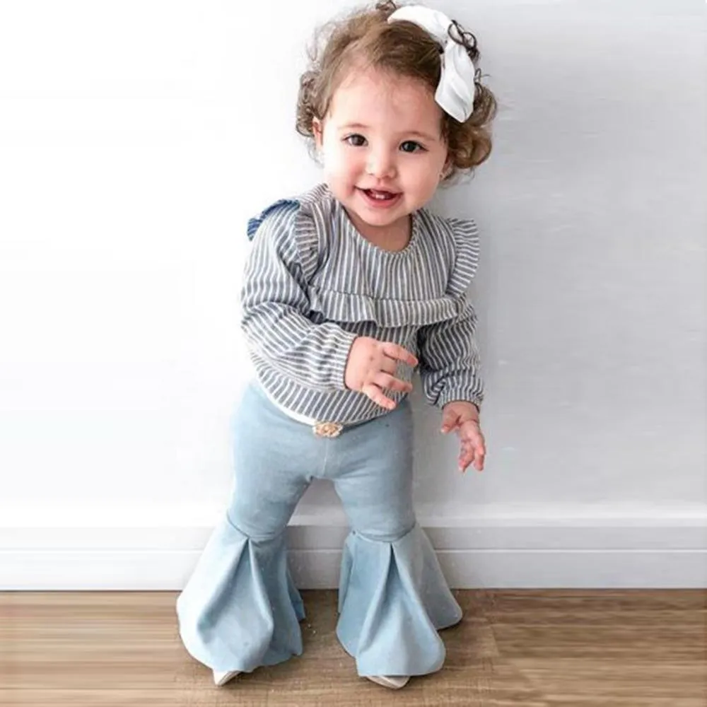 Girls Striped Ruffle Long Sleeve Blouse Bell Pants Girls Wholesale Clothes