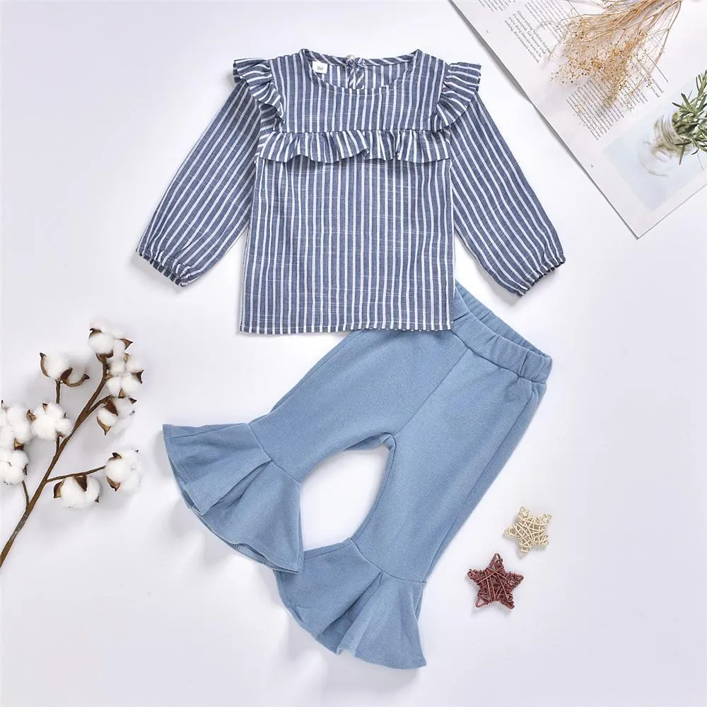 Girls Striped Ruffle Long Sleeve Blouse Bell Pants Girls Wholesale Clothes
